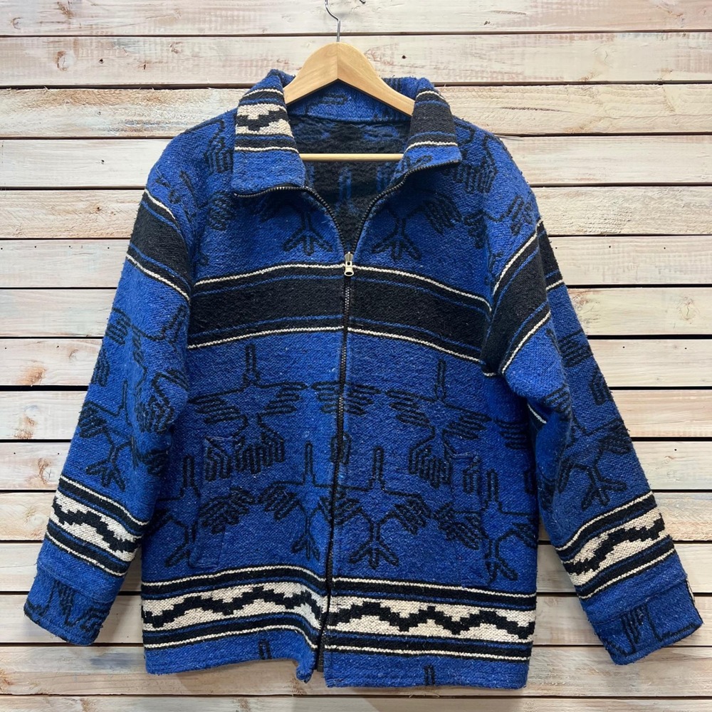 Vintage Blue‎ Woven Cotton Thunderbird Jacket Southwestern Zip Up Medium